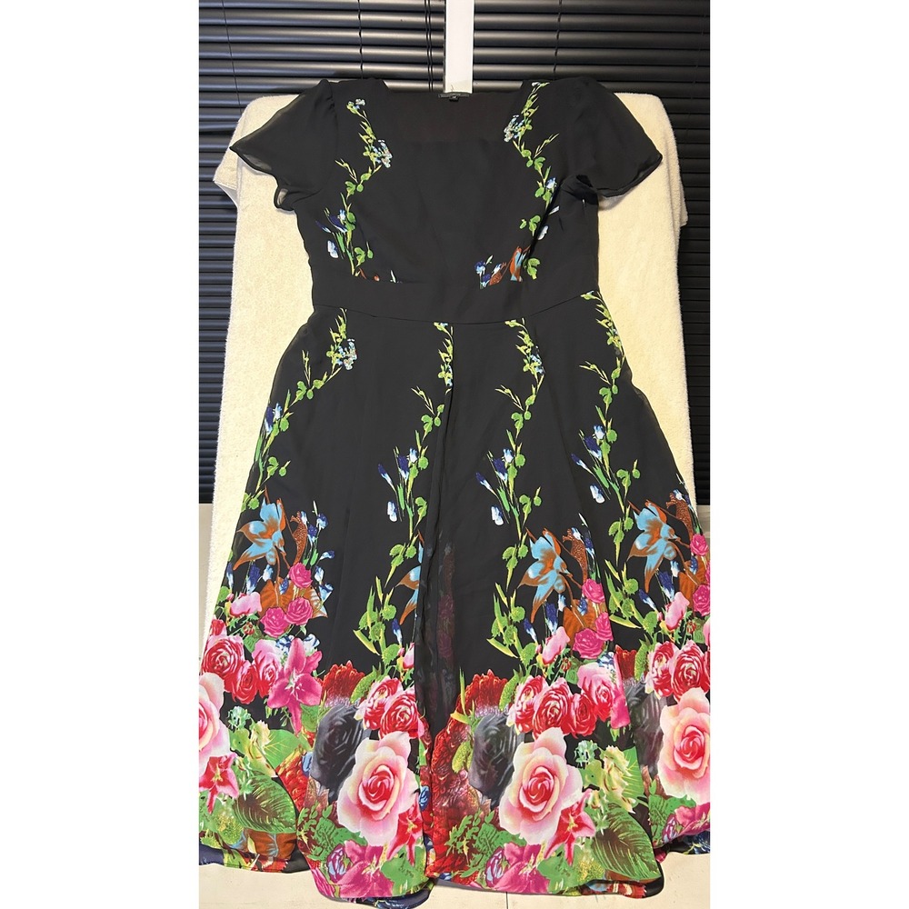 Floryday Midi Dress Women Size M Black Floral Square Neck Short Sleeve A-Line